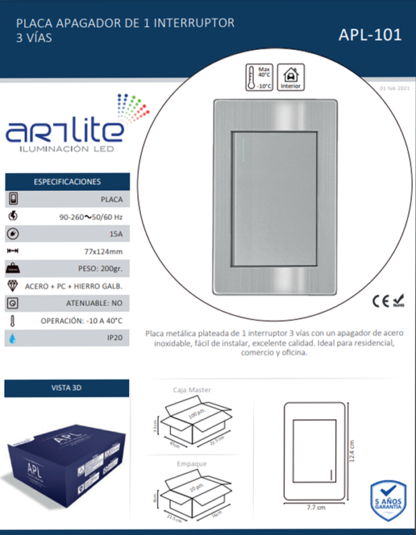 APL-101 PLACA ACERO INOXIDABLE CON 1 APAGADOR DE 3VIAS FICHA TECNICA